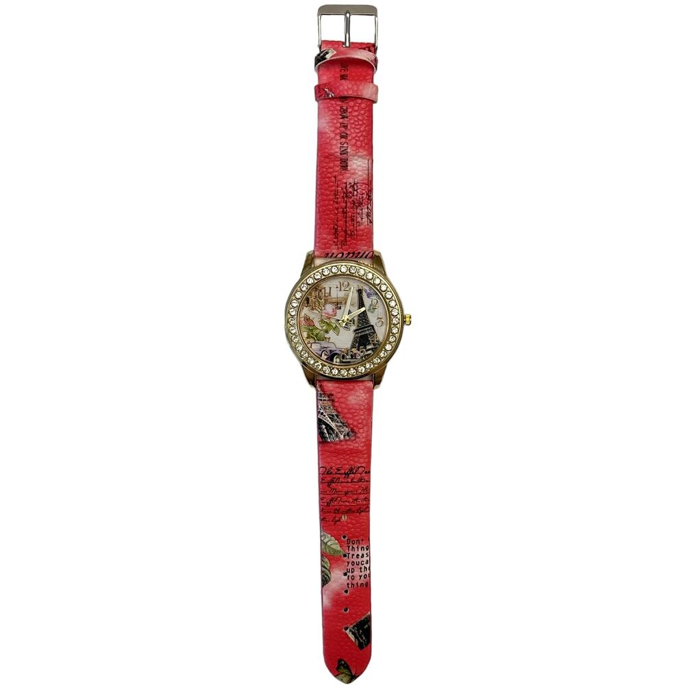 Women's PARIS EIFFEL TOWER BEJEWELED WATCH Red Pink Strap - NEW BATTERY - Picture 3 of 5